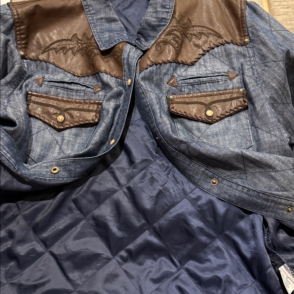 Double D Ranch Denim Switchback Shirt Jacket Leather Trim Pearl Snaps Size 2X - Picture 12 of 12